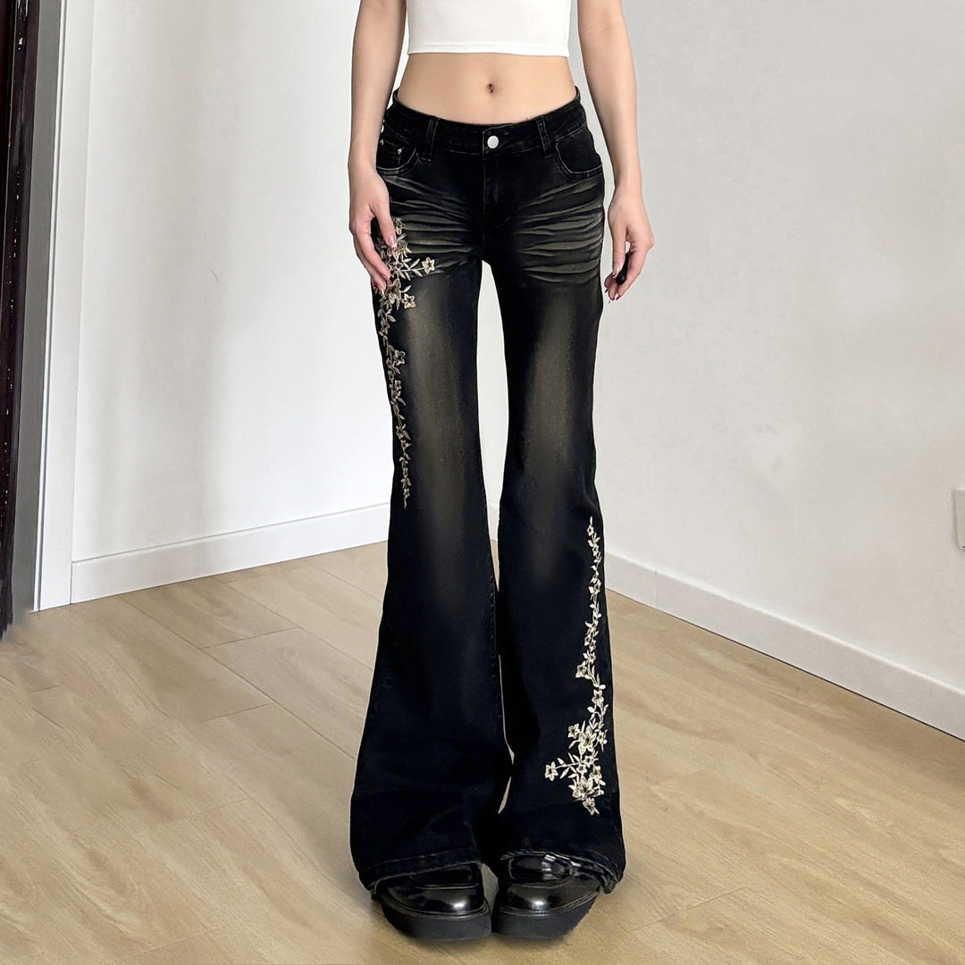 Damen Flared Jeans mit eleganter Blumenstickerei EB