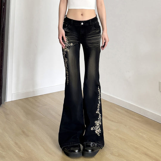 Damen Flared Jeans mit eleganter Blumenstickerei EB