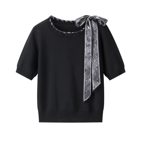 Damen Kurzarmpullover mit dekorativem Halsband und stylischem Schleifendetail EB