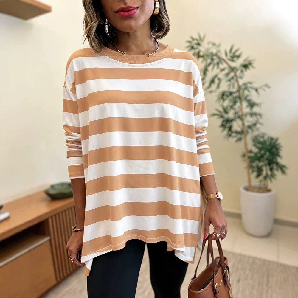 Damen Oversized Streifen-Longsleeve mit Rundhalsausschnitt und abgerundetem Saum EB
