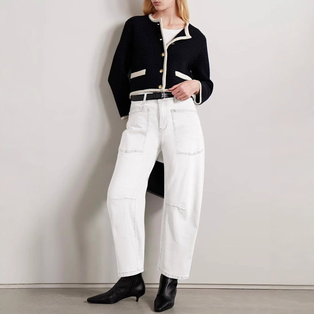 Damen nan lässige Canvas-Hose mit hohem Bund, weitem Bein und aufgesetzten Taschen EB
