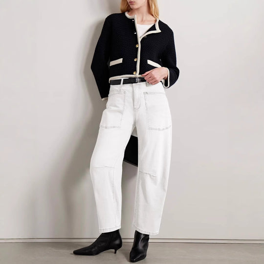 Damen nan lässige Canvas-Hose mit hohem Bund, weitem Bein und aufgesetzten Taschen EB