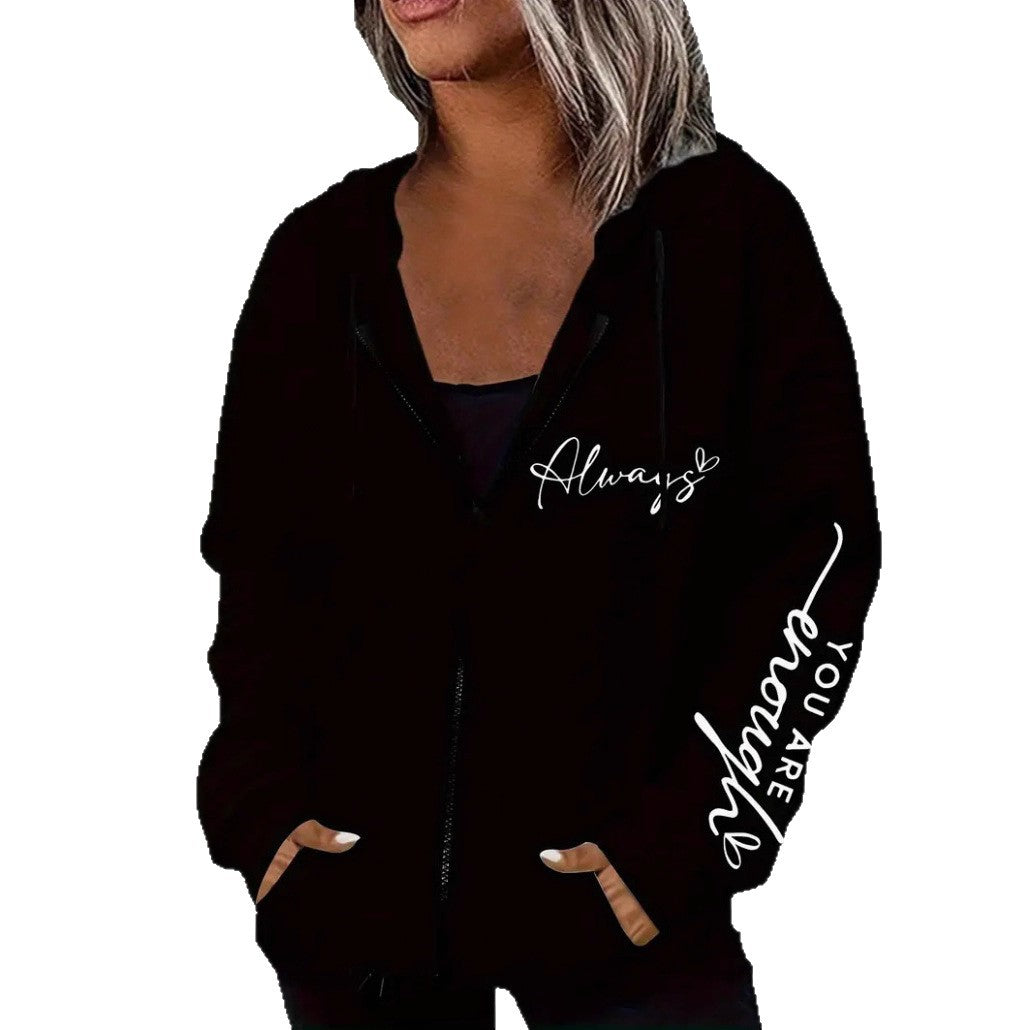 Damen nan oversized Kapuzenjacke mit Reißverschluss, handgeschriebener Typo-Applikation und Kontrast-Eingrifftaschen EB