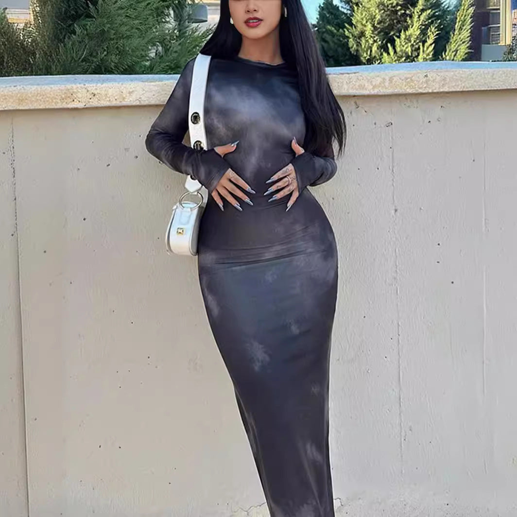 Damen figurbetontes Langarmkleid mit modernem Batikdesign EB