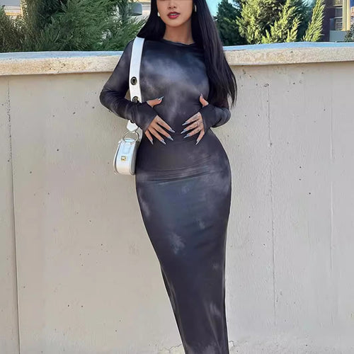 Damen figurbetontes Langarmkleid mit modernem Batikdesign EB