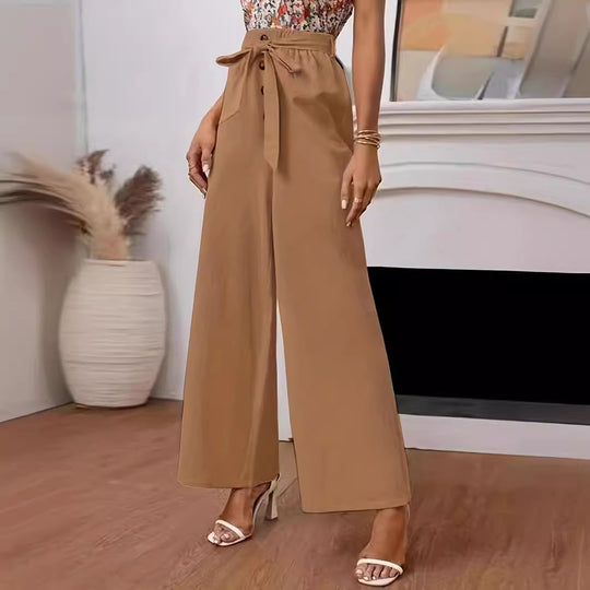 Damen weite Hochbundhose mit Bindegürtel und Knopfdetail EB