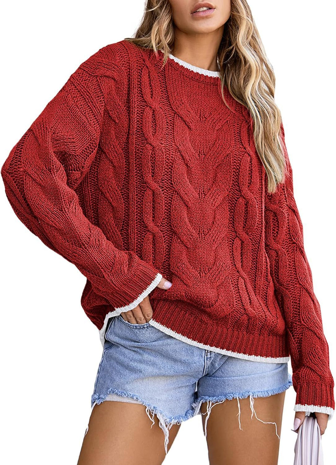 Damen Strickpullover mit grobem Zopfmuster EB