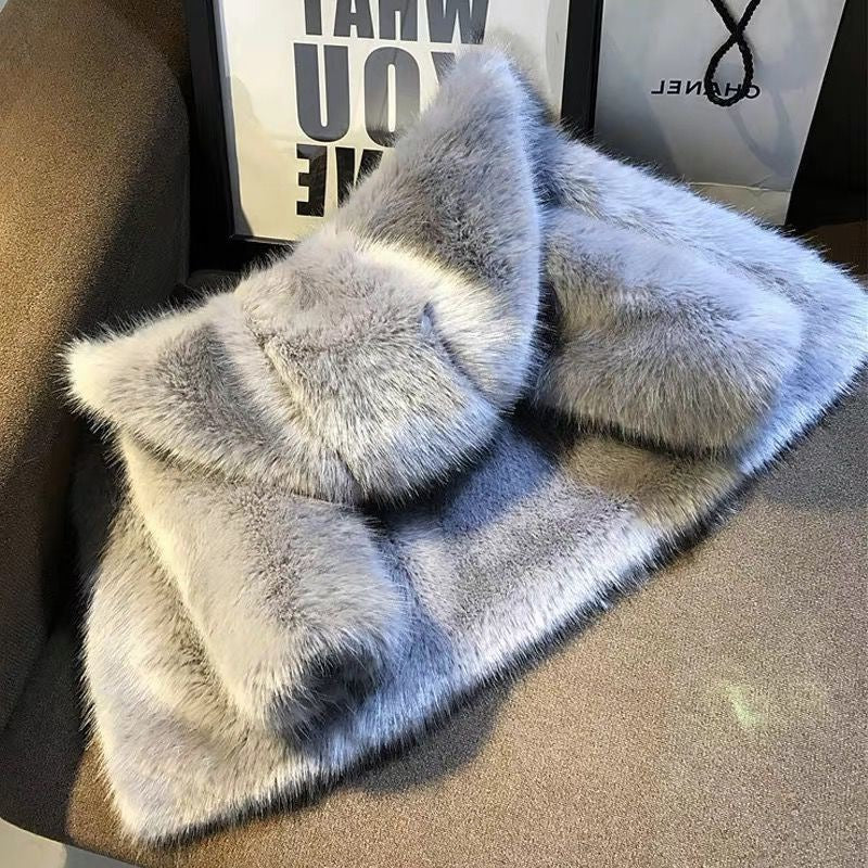 Damen Elegante Kunstfelljacke mit voluminösem Kragen und Schalkragen EB
