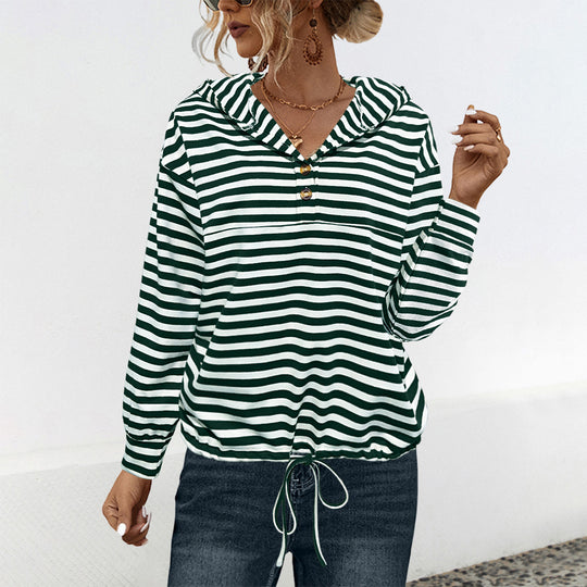 Damen lässiger Kapuzenpullover mit Streifenmuster und verstellbarem Tunnelzug EB