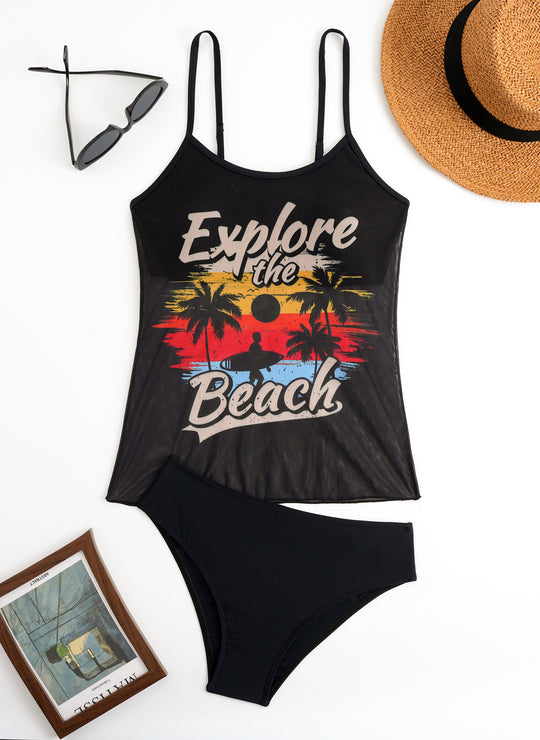 Damen Strandtop mit buntem Grafikdesign und passendem Bikiniunterteil EB
