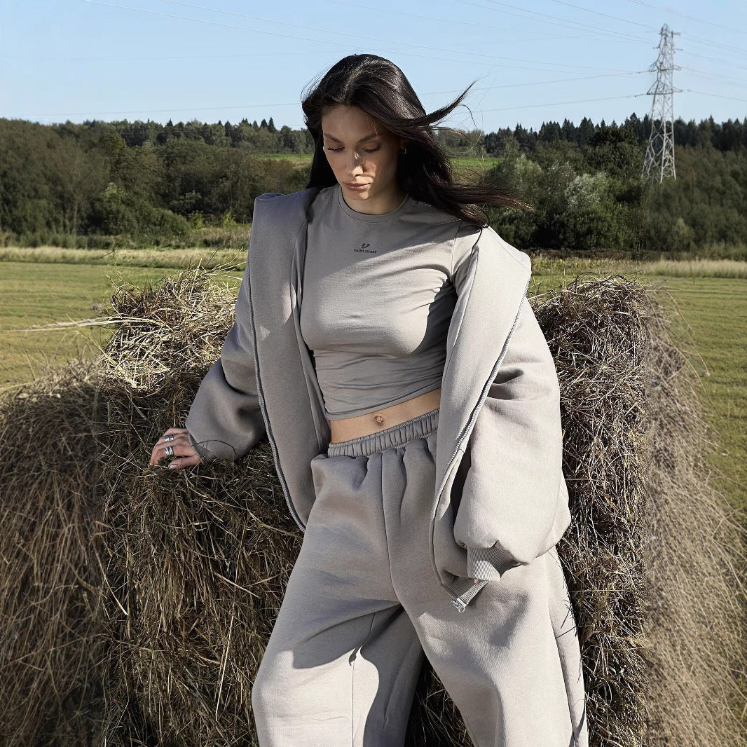 Damen Komfort-Kapuzen-Zipjacke mit verdecktem Reißverschluss, Kängurutasche und gerader Sweat-Hose EB