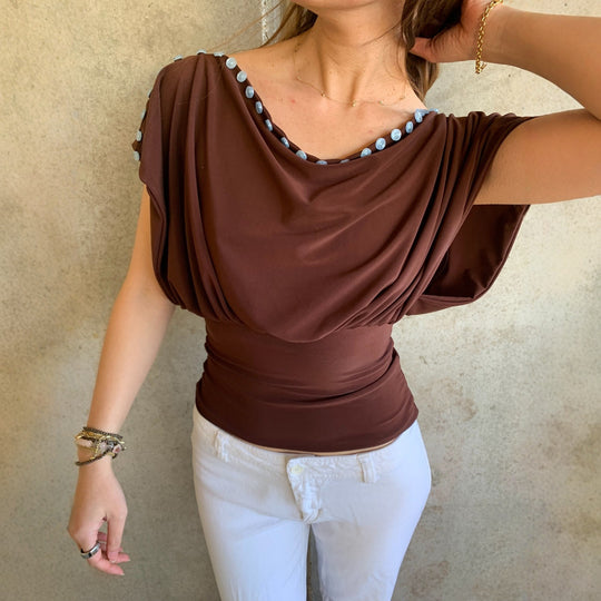 Damen Off-Shoulder Oberteil mit eleganter Knopfverzierung EB