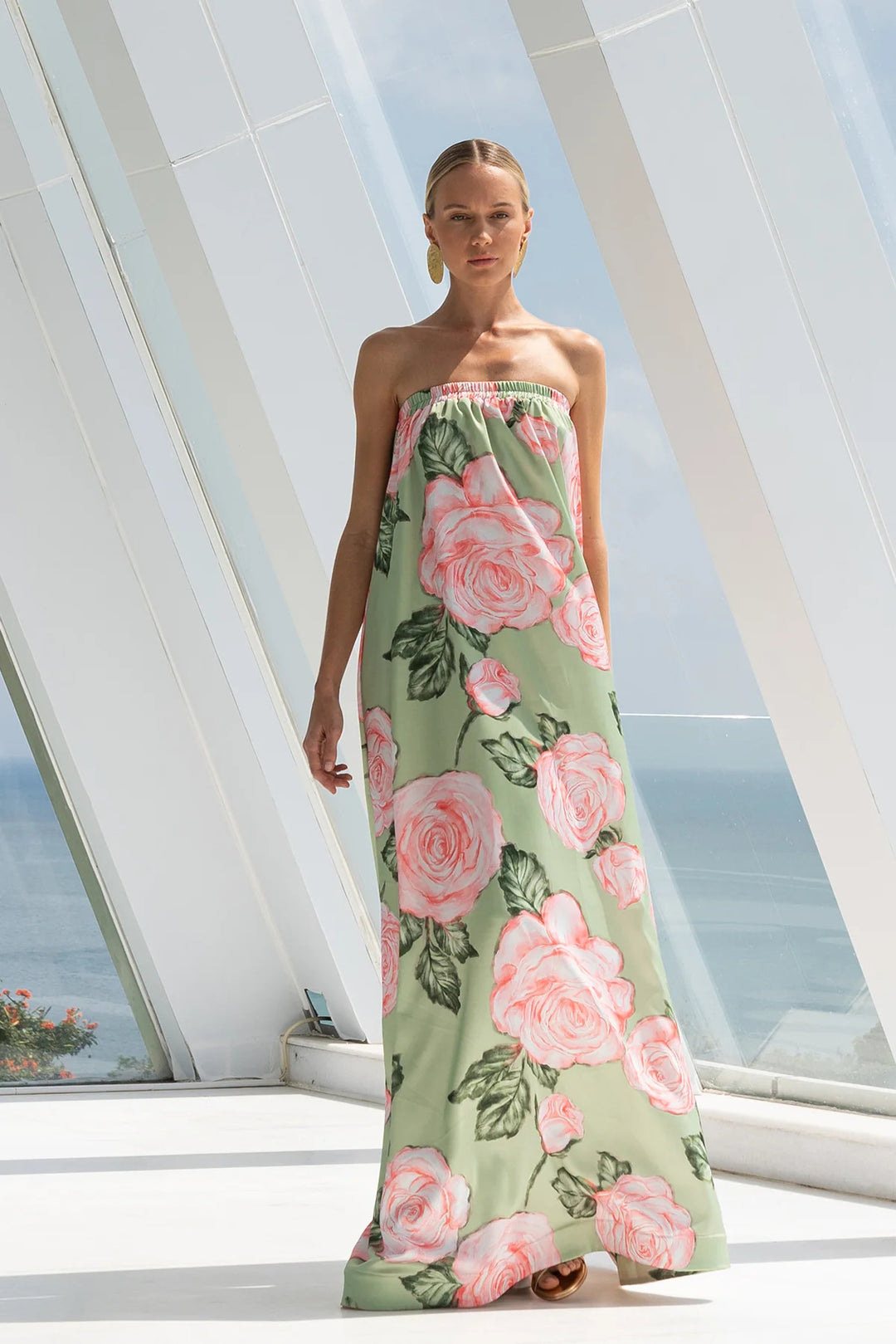 Damen Elegantes Maxikleid mit floralem Design und elastischem Oberteil EB