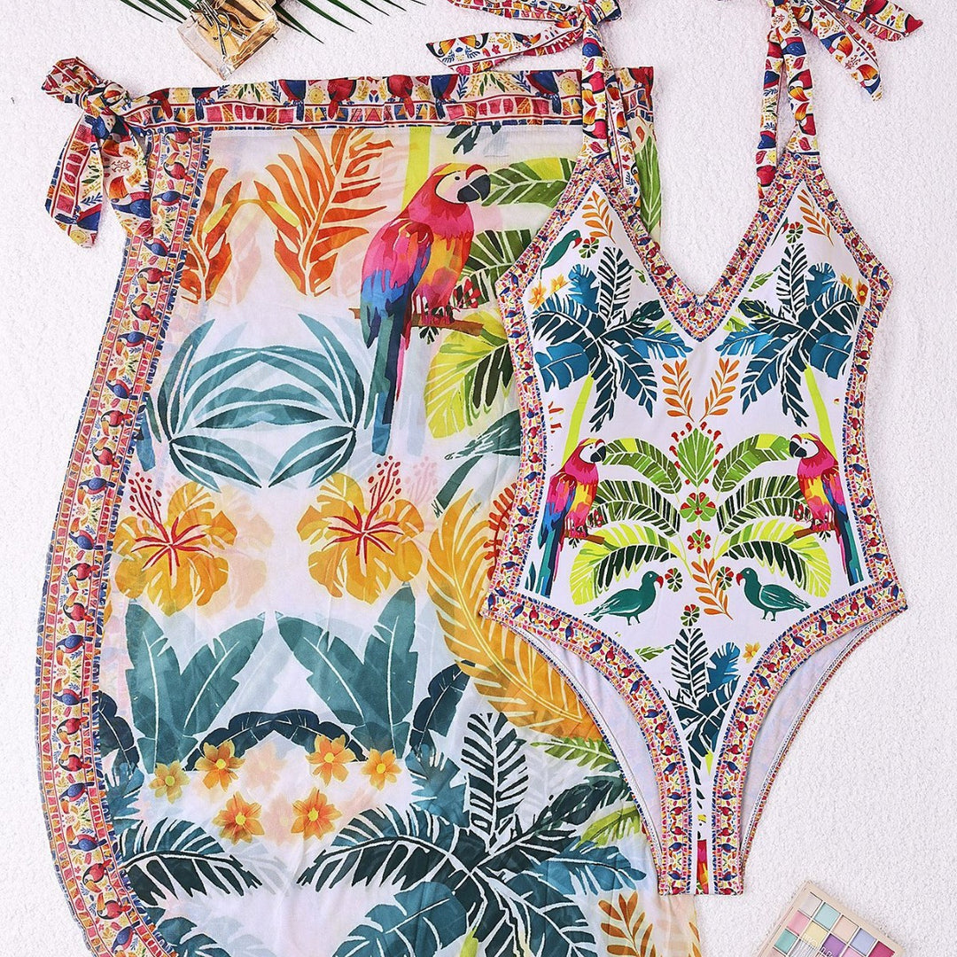 Damen Schwimmkleid mit floralem Design und Überwurf EB