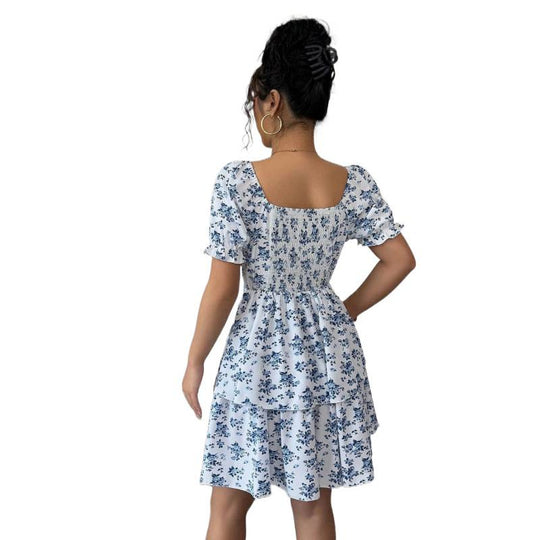 Damen Blumenkleid mit Rüschensaum und Puffärmeln EB