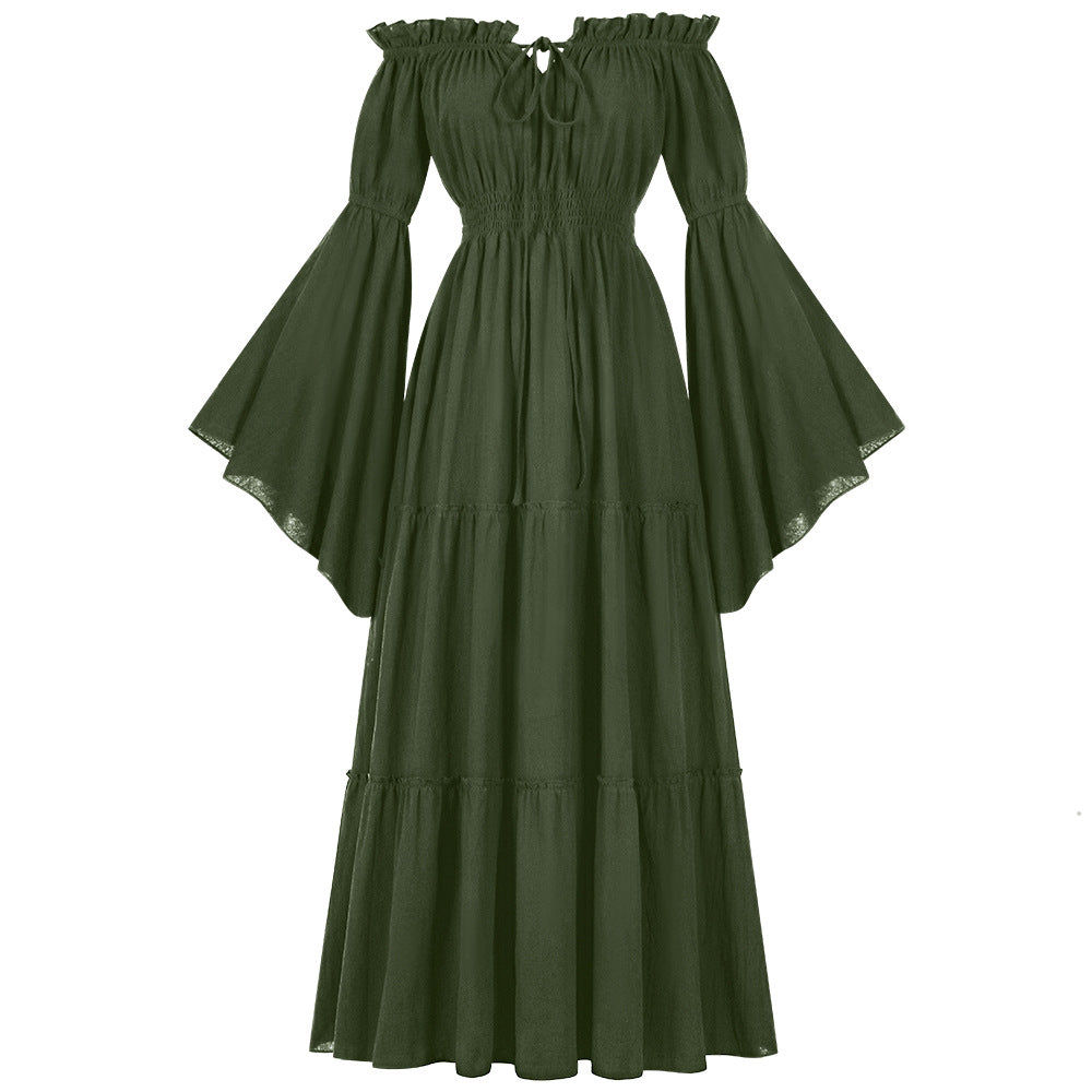 Damen nan bodenlanges Off-Shoulder Maxikleid mit geraffter Taille, mehrstufigem Rock und weiten Trompetenärmeln Eb