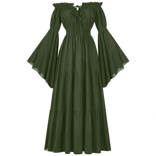 Damen nan bodenlanges Off-Shoulder Maxikleid mit geraffter Taille, mehrstufigem Rock und weiten Trompetenärmeln Eb