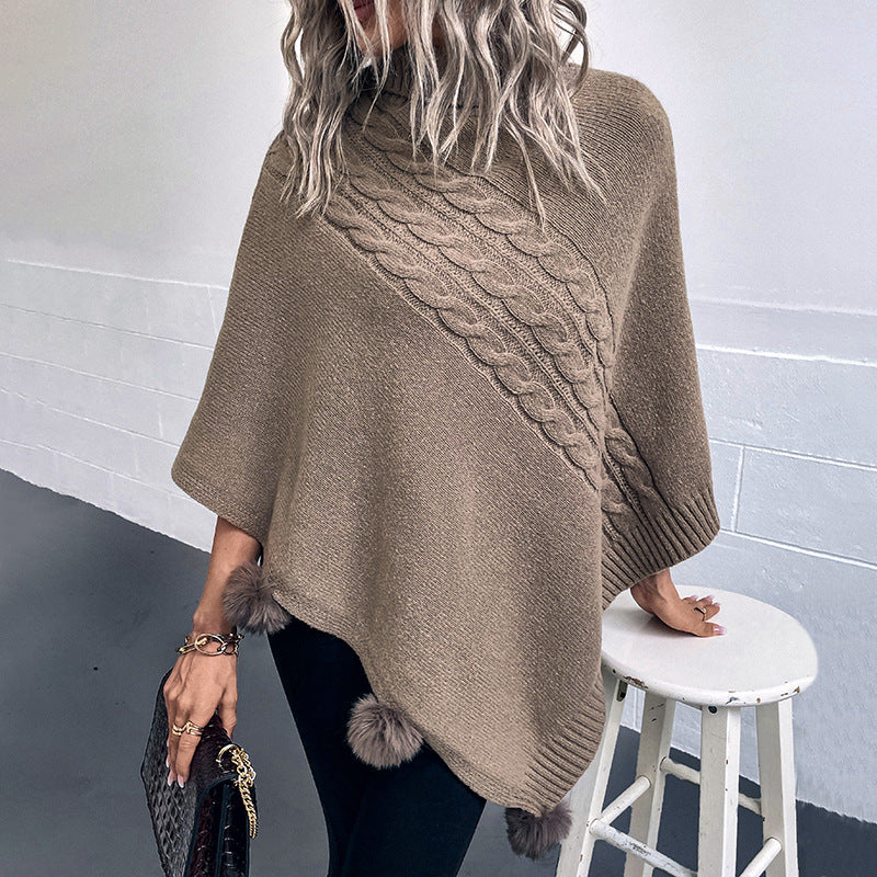 Damen Poncho mit modernem Zopfdesign und einem hohen Kragen EB