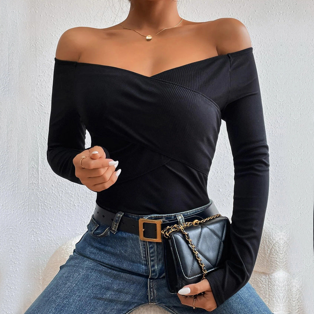 Damen schulterfreies Langarm-Rippstretch-Top mit Wickeloptik und figurbetonter Passform Eichborn Berlin