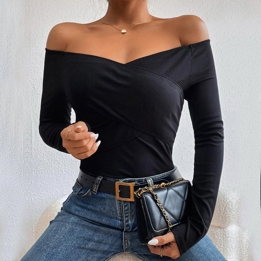 Damen schulterfreies Langarm-Rippstretch-Top mit Wickeloptik und figurbetonter Passform Eichborn Berlin