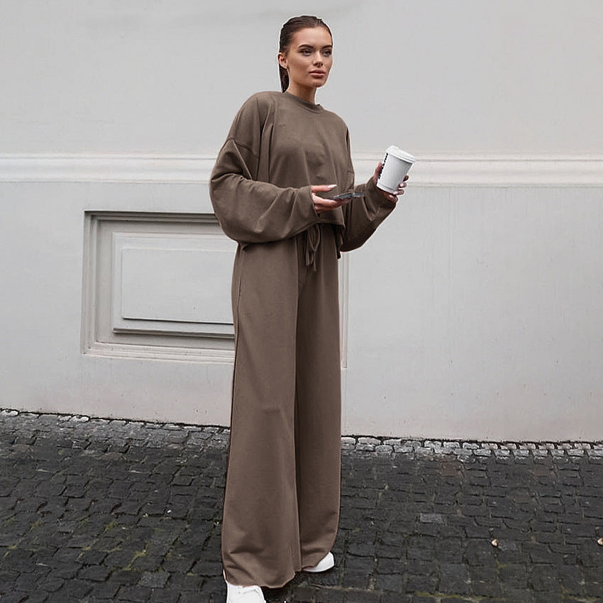 Damen Bequemes Cropped Sweatshirt und Weite Hose Set EB