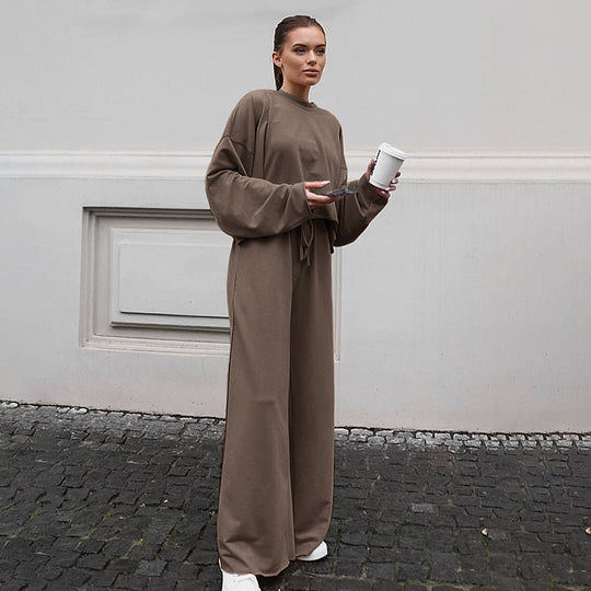 Damen Bequemes Cropped Sweatshirt und Weite Hose Set EB
