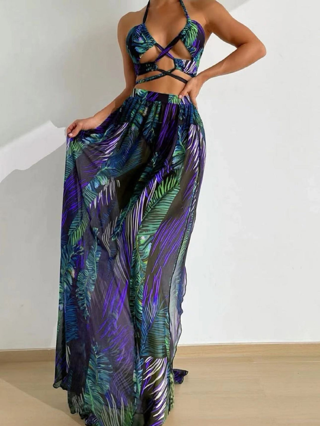 Damen Zweiteiliges Strandoutfit mit floralem Design und raffinierten Cut-Outs EB
