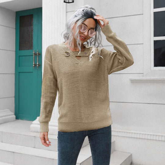 Damen Strickpullover mit einzigartigem V-Ausschnitt und eleganten Knopfdetails EB