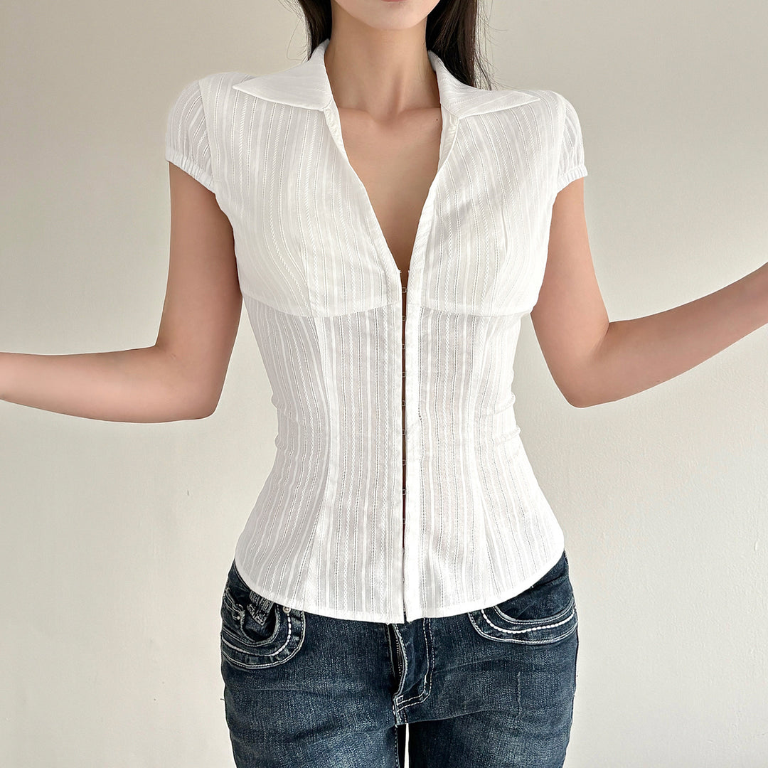 Damen Elegantes kurzärmliges Blusenshirt mit schickem Stehkragen und Reißverschluss EB