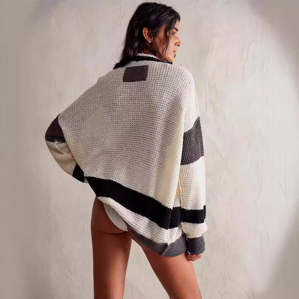 Damen lässiger Strickcardigan mit großen Taschen und stilvollen Kontraststreifen EB