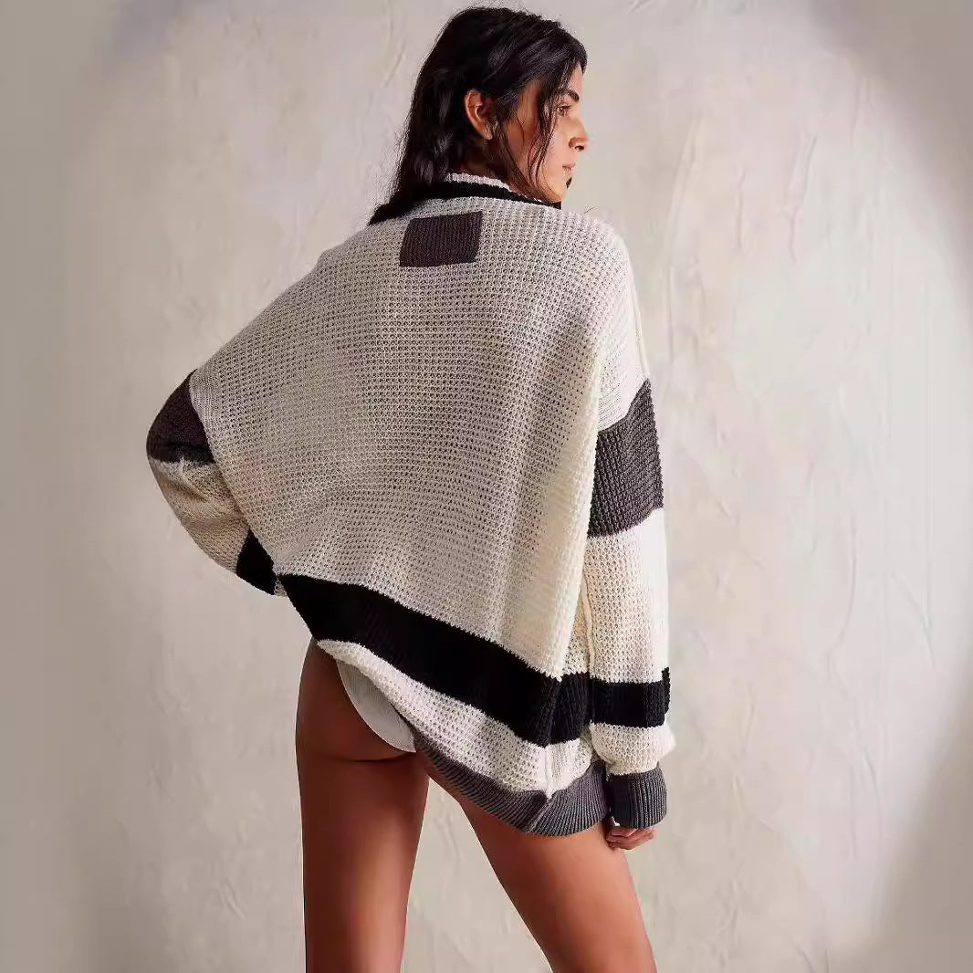 Damen lässiger Strickcardigan mit großen Taschen und stilvollen Kontraststreifen EB