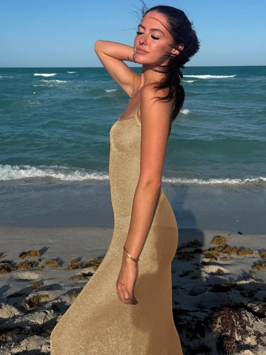 Damen Elegantes Maxikleid mit schwingendem Rock und feinen Spaghettiträgern EB