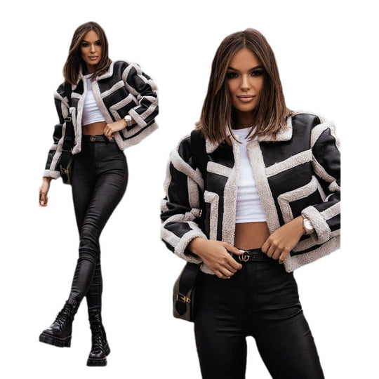 Damen Kurzjacke mit modernem Fleece-Finish und trendigem Karomuster EB