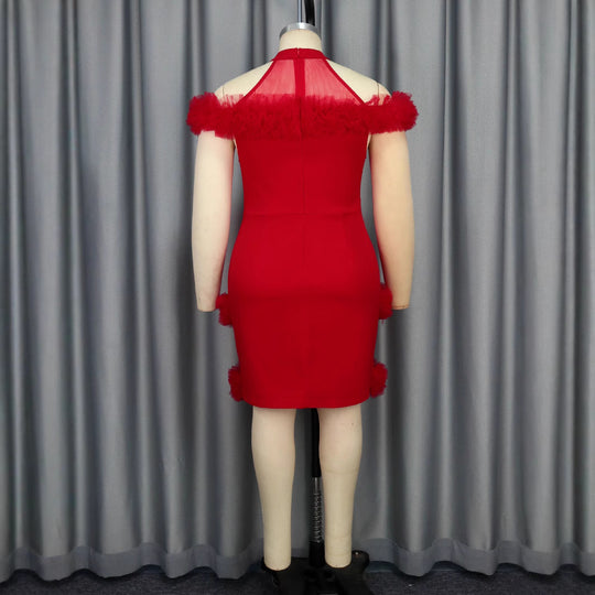Damen glamouröses Abendkleid mit Rüschenrand und Glitzer-Gürtel EB