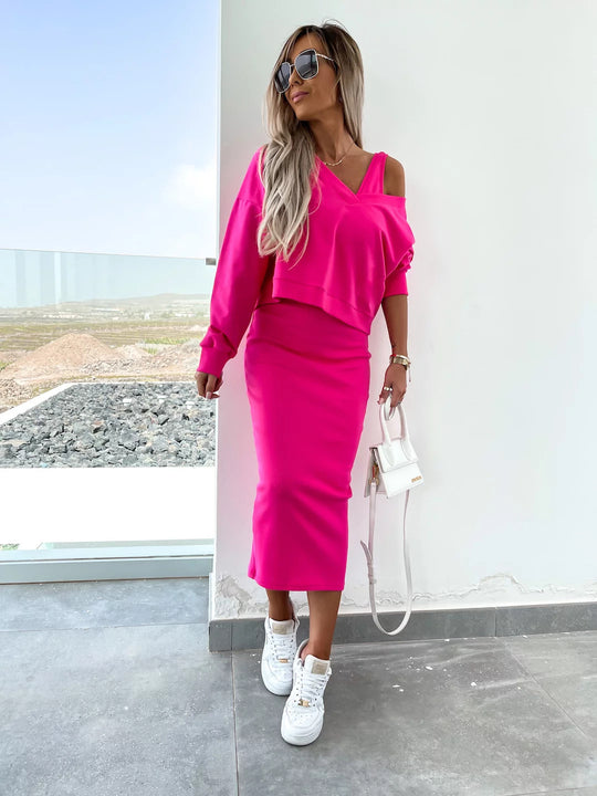 Damen nan zweiteiliges Midirock-Set mit off-shoulder Oversize-Sweatshirt und figurbetontem Bleistiftrock EB