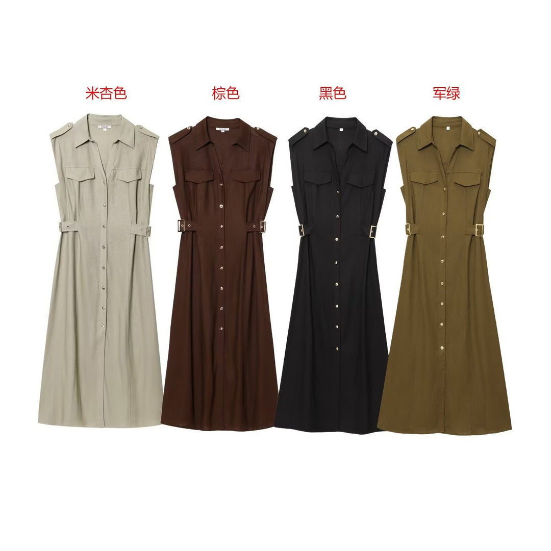 Damen Maxikleid mit dekorativen Taschen und Gürtel EB