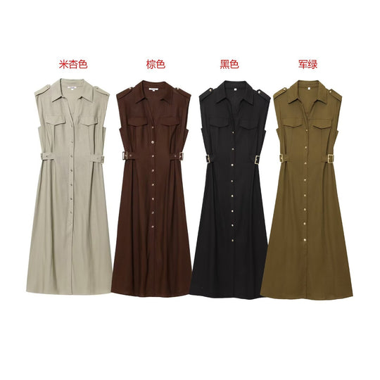 Damen Maxikleid mit dekorativen Taschen und Gürtel EB