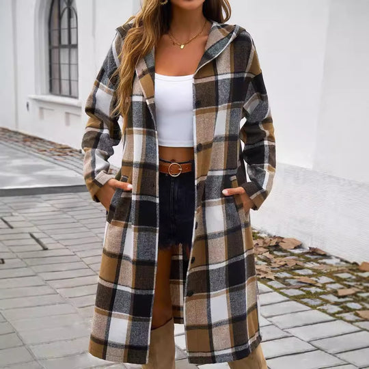 Damen Karomuster Longjacke mit Kapuze EB