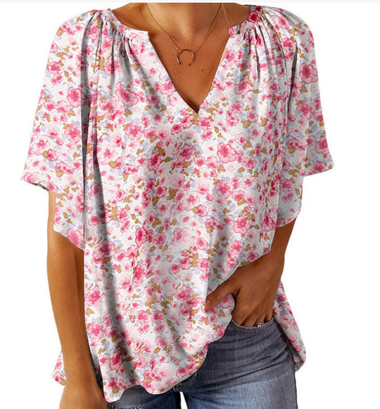 Damen Blusenshirt mit floralem Design und V-Ausschnitt EB