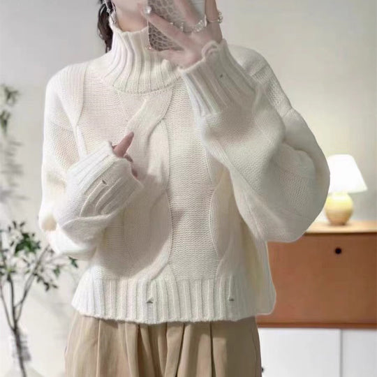 Damen Strickpullover mit hohem Kragen und Zopfmuster EB