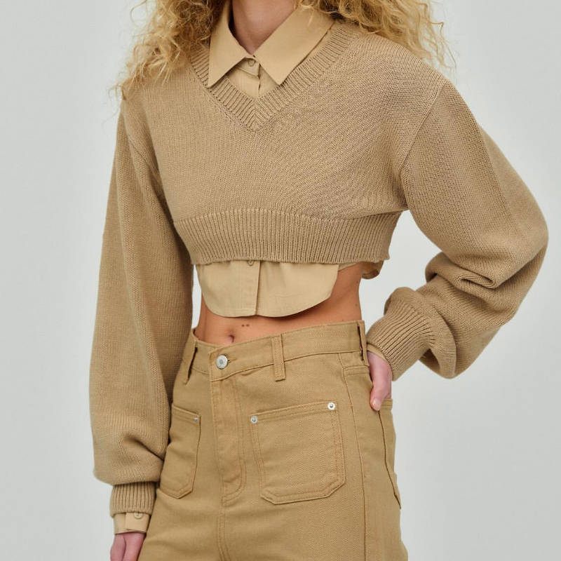 Damen Cropped Pullover mit V-Ausschnitt und langen Ärmeln EB