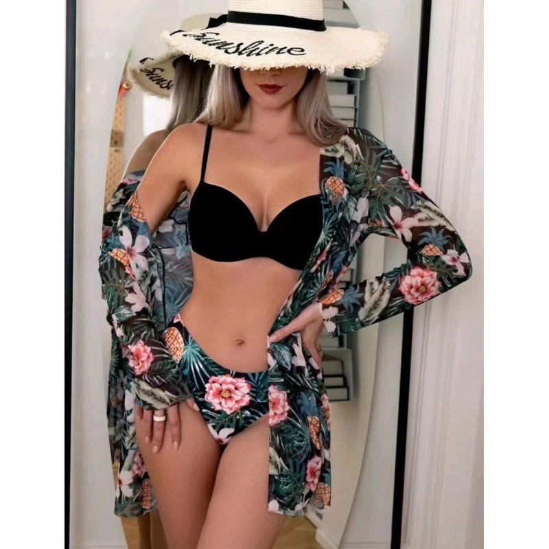 Damen Strandcover-Up mit modischem Blumendruck und langen Ärmeln EB