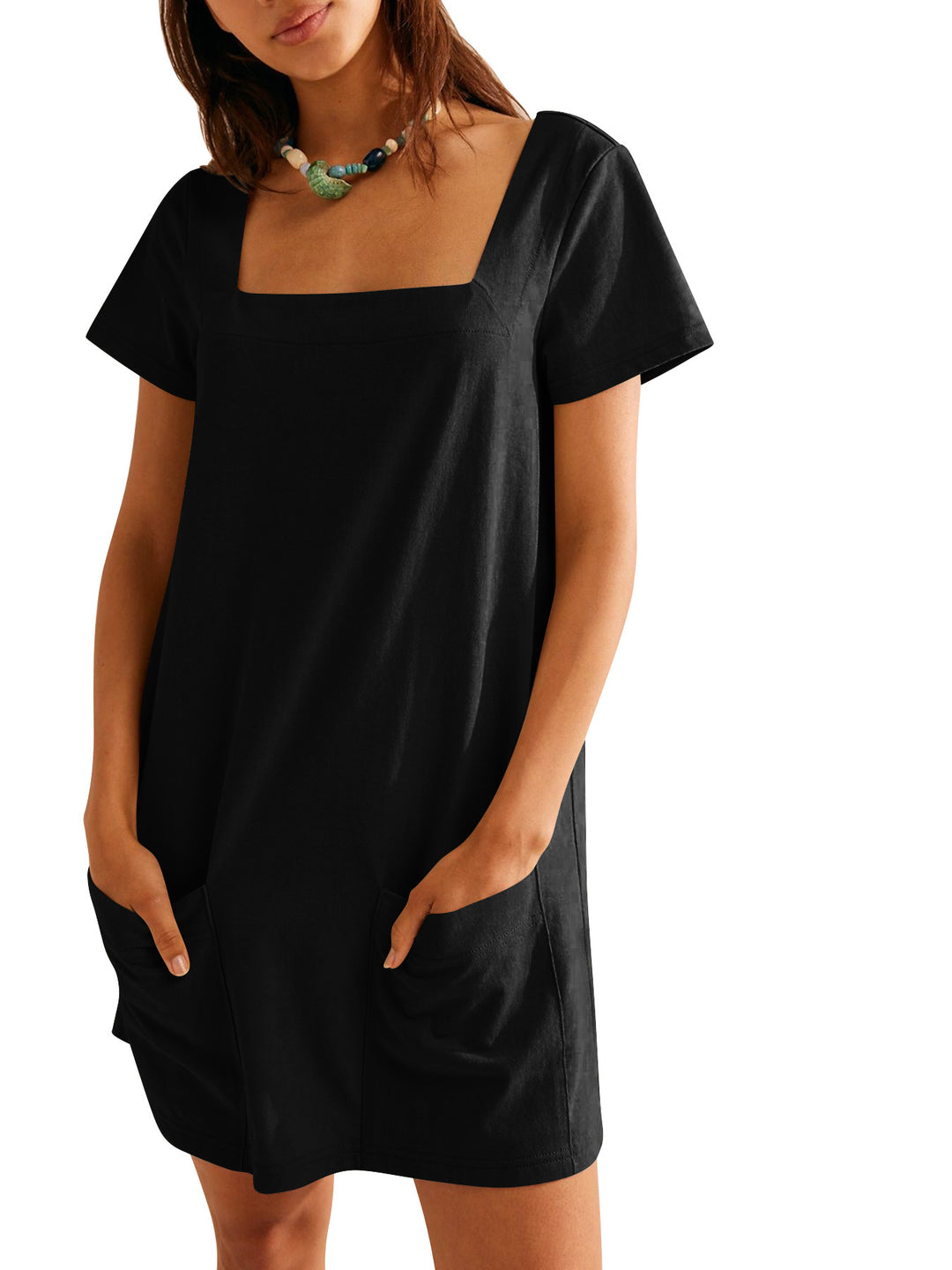 Damen lockeres Sommerkleid mit quadratischem Ausschnitt und praktischen Taschen EB