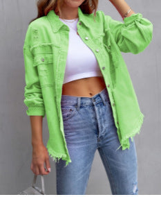 Damen Stylische Overshirt-Jacke mit fransigem Saum EB