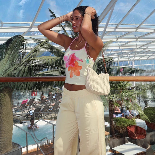 Damen Crop-Top mit floralem Druck und Halterhals EB