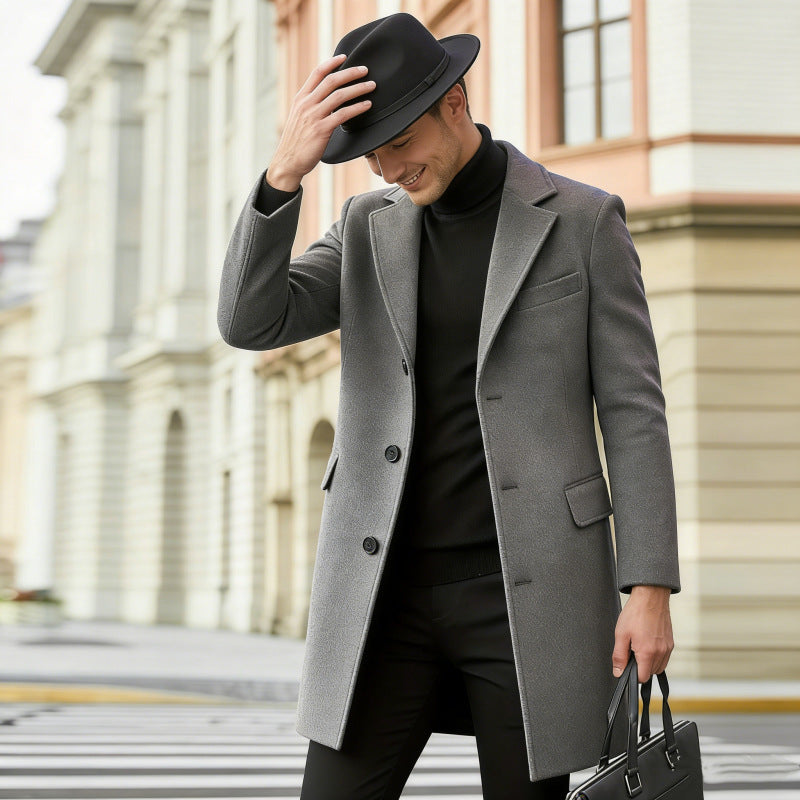 Herren nan eleganter City-Mantel aus Wollmix mit schmaler Silhouette, Reverskragen und Pattentaschen EB