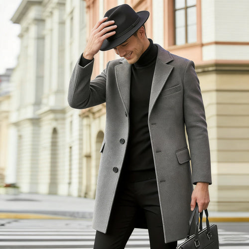 Herren nan eleganter City-Mantel aus Wollmix mit schmaler Silhouette, Reverskragen und Pattentaschen EB