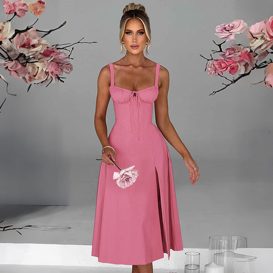 Damen raffinierte Midi-Robe mit tiefem Schlitz und Rüschendetails EB