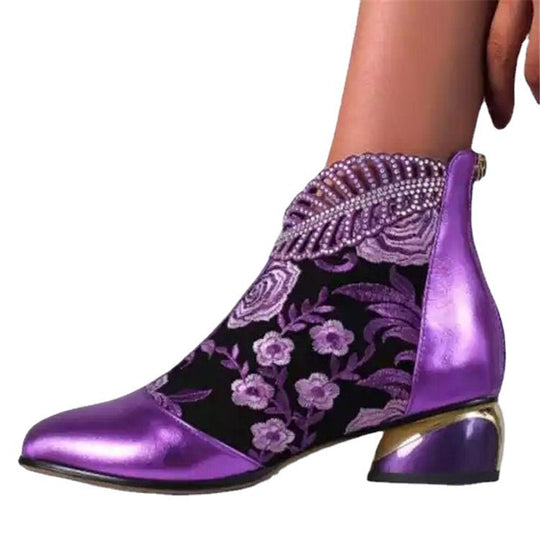 Damen nan bestickte Ankle-Boots mit Samteinsatz Perlenbesatz und skulptiertem Blockabsatz EB