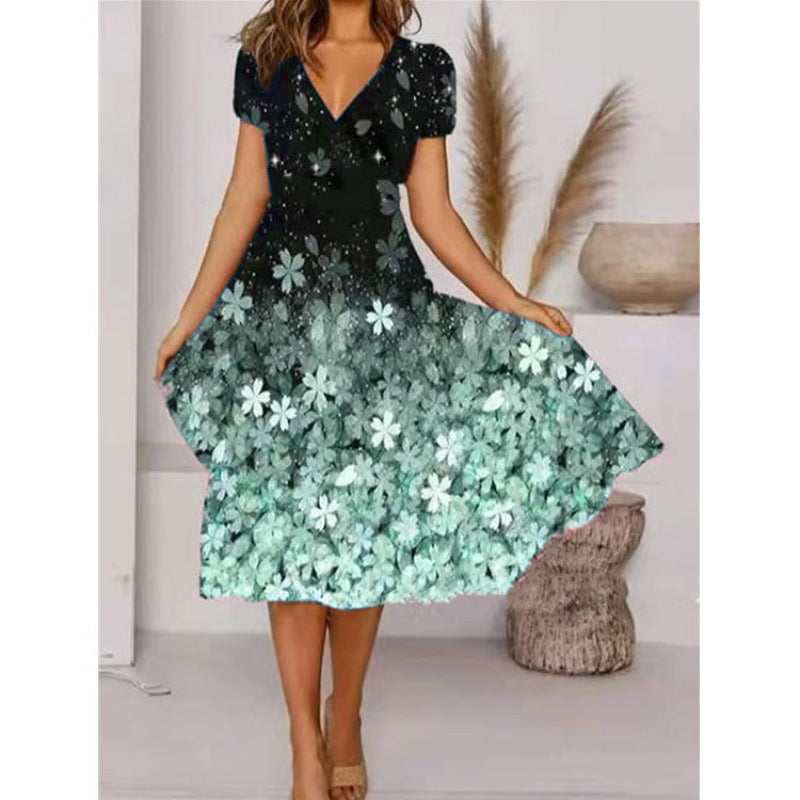 Damen A-Linie Sommerkleid mit V-Ausschnitt und floralen Akzenten EB
